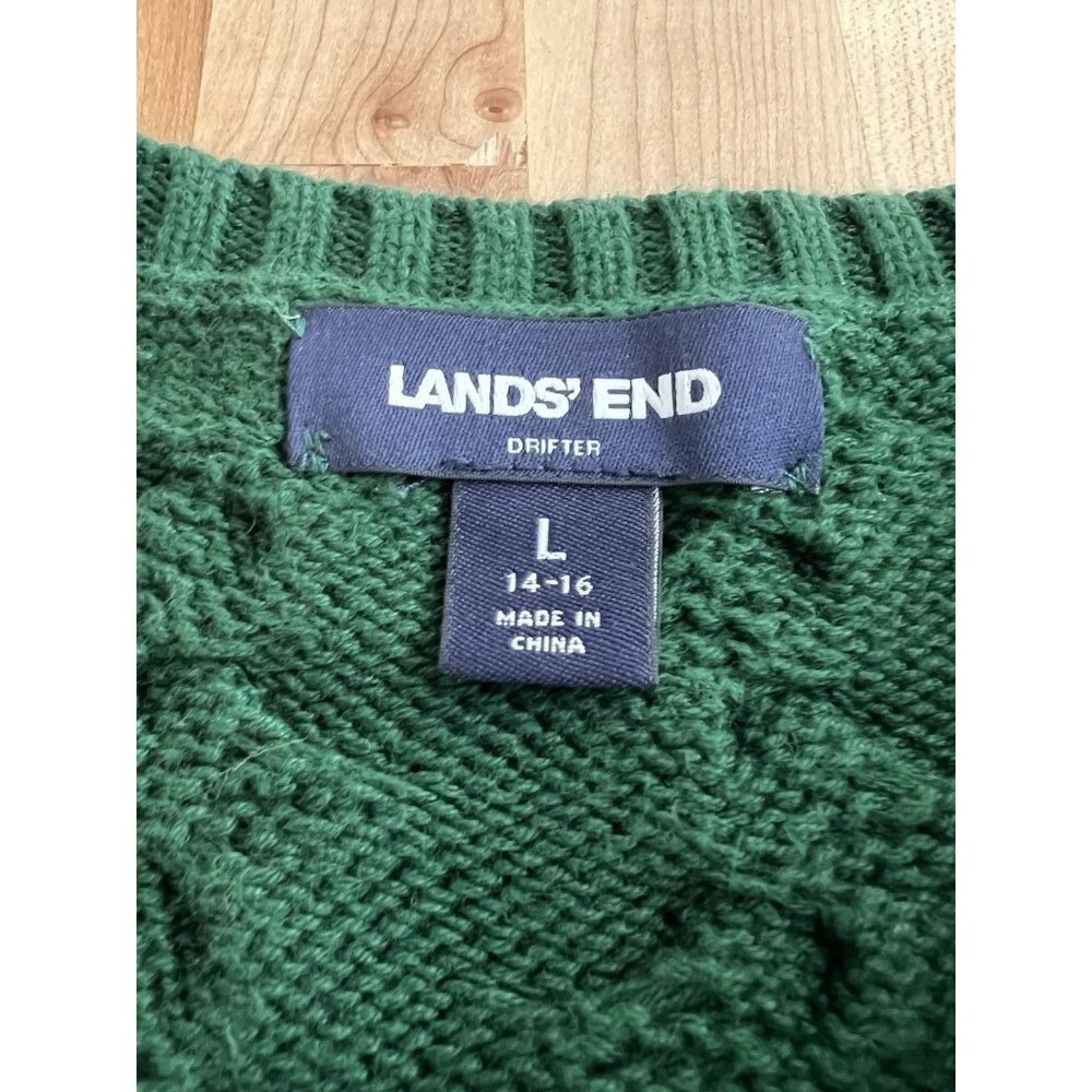 Lands End Sweater Crew Neck Pullover 100% Cotton Chunky Knit Dark Green L, 14-16 - Picture 6 of 9